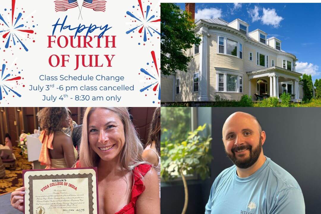 collage of July 4th poster, Maine retreat house, and new WHY team members