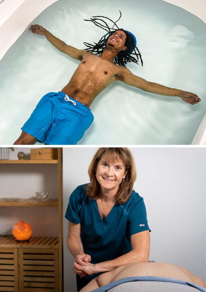 Top: A man with long dreadlocks floats on his back in a sensory deprivation tank, wearing bright blue swim shorts and smiling with arms outstretched. Bottom: A female massage therapist in teal scrubs smiles at the camera while performing a massage on a client lying face down on the table