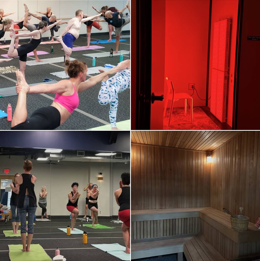 A image for the Wellness Hot Yoga Weeklong Open House, taking place September 14–20, 2025. The collage showcases vibrant scenes from hot yoga classes, red light therapy, and the on-site sauna—inviting guests to enjoy free yoga, wellness samples, discounted memberships, and giveaways during the event