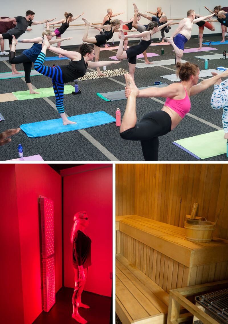 Top: A group of people in a yoga studio practice standing bow pose on colorful mats, with a mirrored wall reflecting their movements. Bottom left: A woman stands in front of a tall red light therapy panel, illuminated by its glow while wearing protective glasses. Bottom right: An empty wooden sauna with benches, a water bucket, and a heater sits ready for use