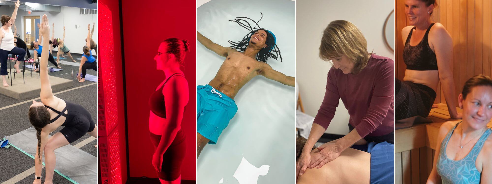 a collage of WHY's services, including yoga, red light and float therapy, massage, and sauna