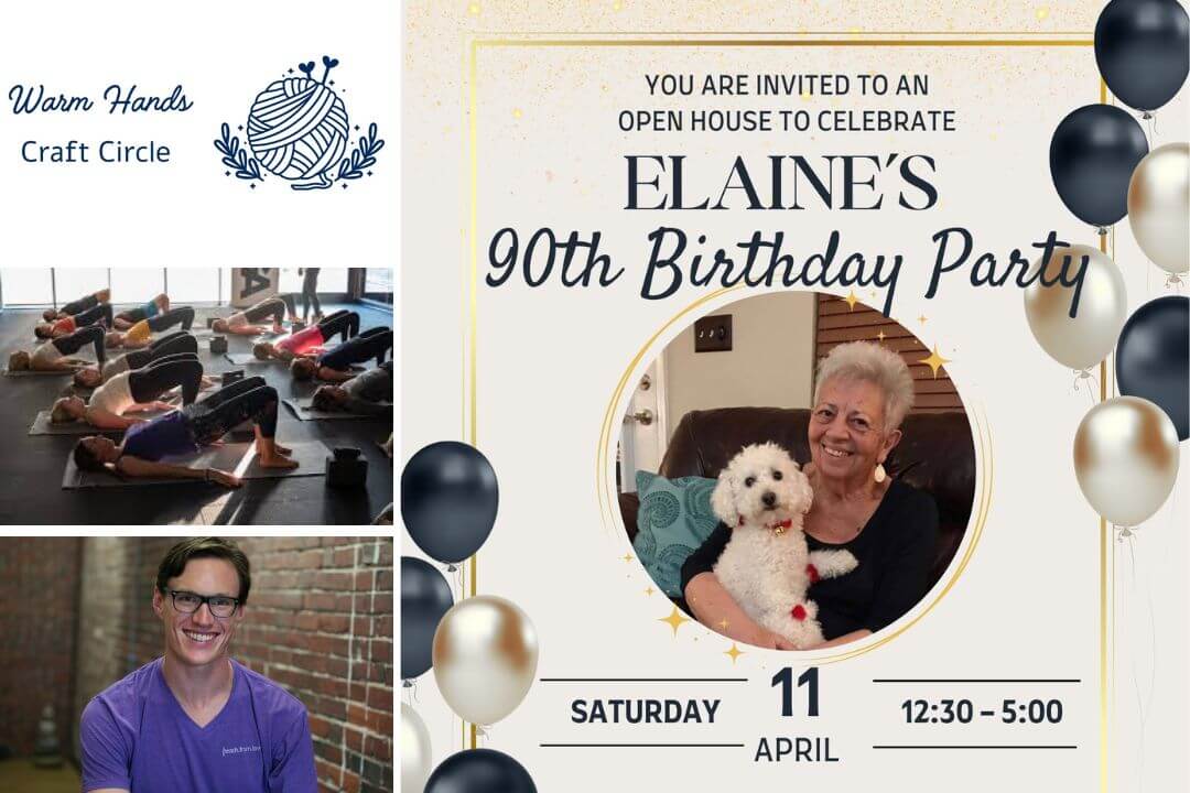 Collage of crafting event, Hot Pilates, Steven, and Elaine's birthday party at WHY in April 2026