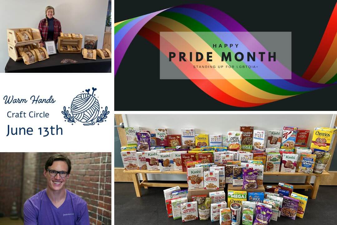 Collage of sourdough bread sale, pride month, crafting event, Steven, and cereal drive at WHY in June 2026